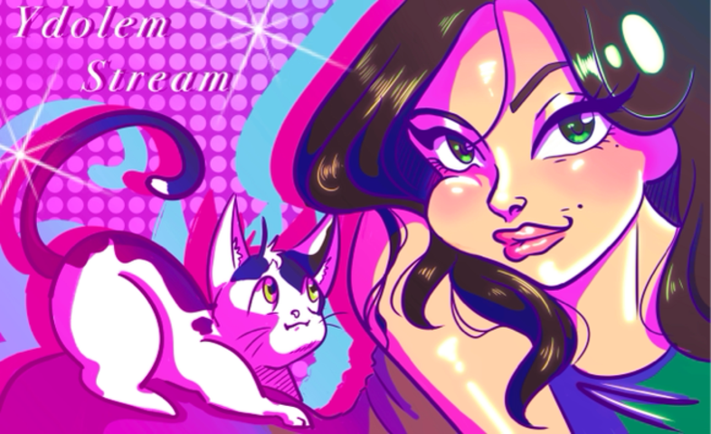 Bannière illustrée d'Ydolem : son personnage et son chat blanc mascotte sur fond magenta pop-art.